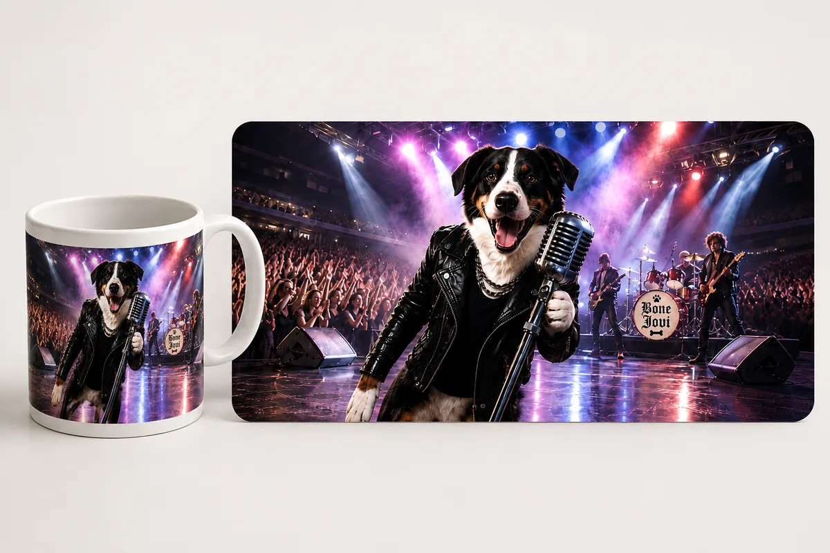 Custom pet mug beside its matching scene